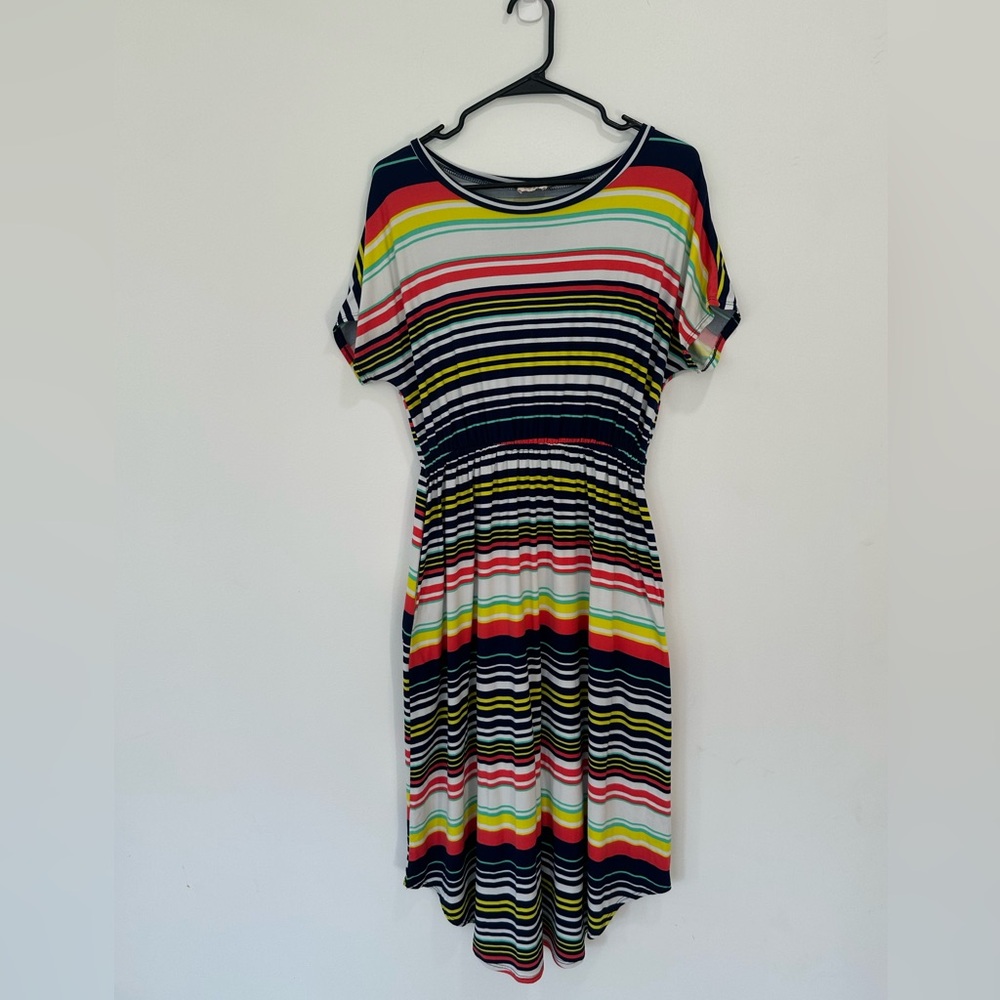 Iconic Luxe Multi-Color Striped Women’s Dress soft comfy size large pockets